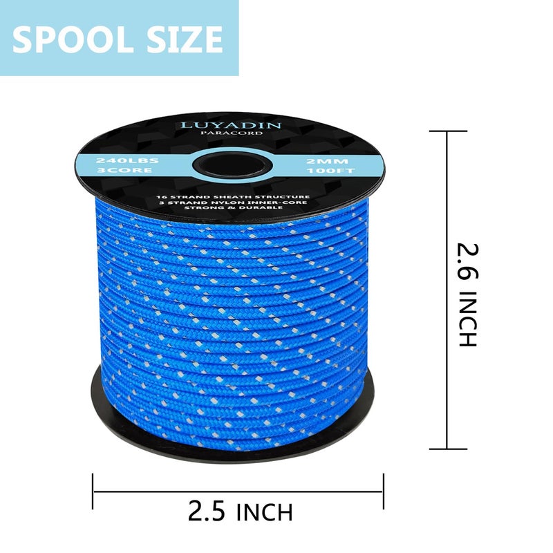 LUYADIN Reflective Paracord 240lb - Diameter 2mm Micro Utility Cord -3 Strand Parachute Spool Cord - 100ft 200ft,Paracord for Camping,Hiking,Fishing,Outdoor and DIY - Image 2